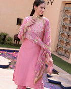 Pink Floral Embroidered Round Neck Mirror Work Kurta With Trouser & Dupatta