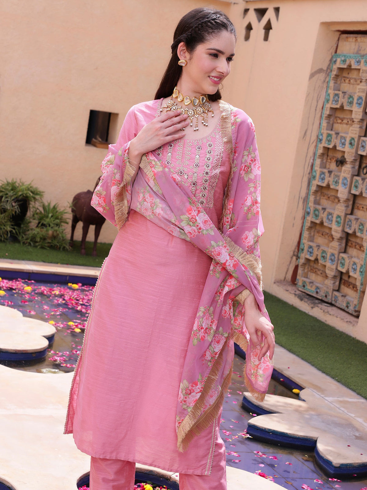 Pink Floral Embroidered Round Neck Mirror Work Kurta With Trouser & Dupatta