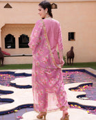 Pink Floral Embroidered Round Neck Mirror Work Kurta With Trouser & Dupatta