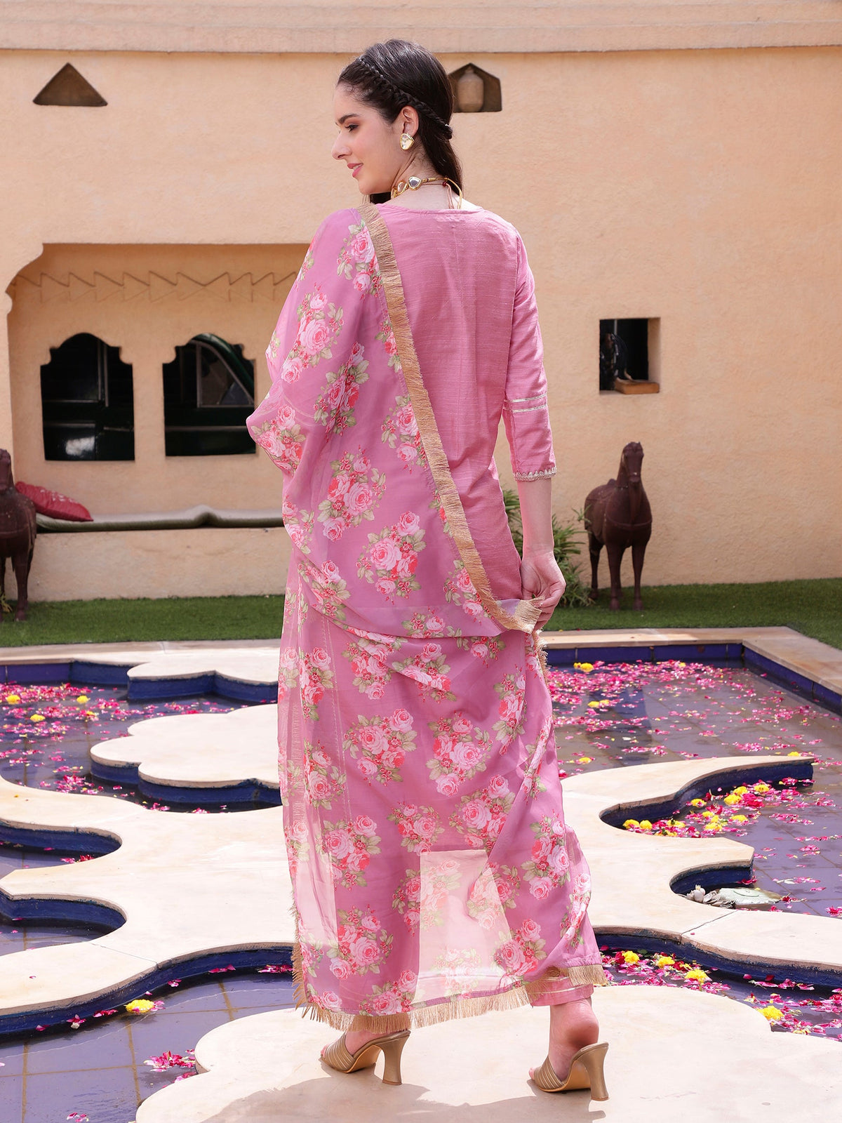 Pink Floral Embroidered Round Neck Mirror Work Kurta With Trouser & Dupatta