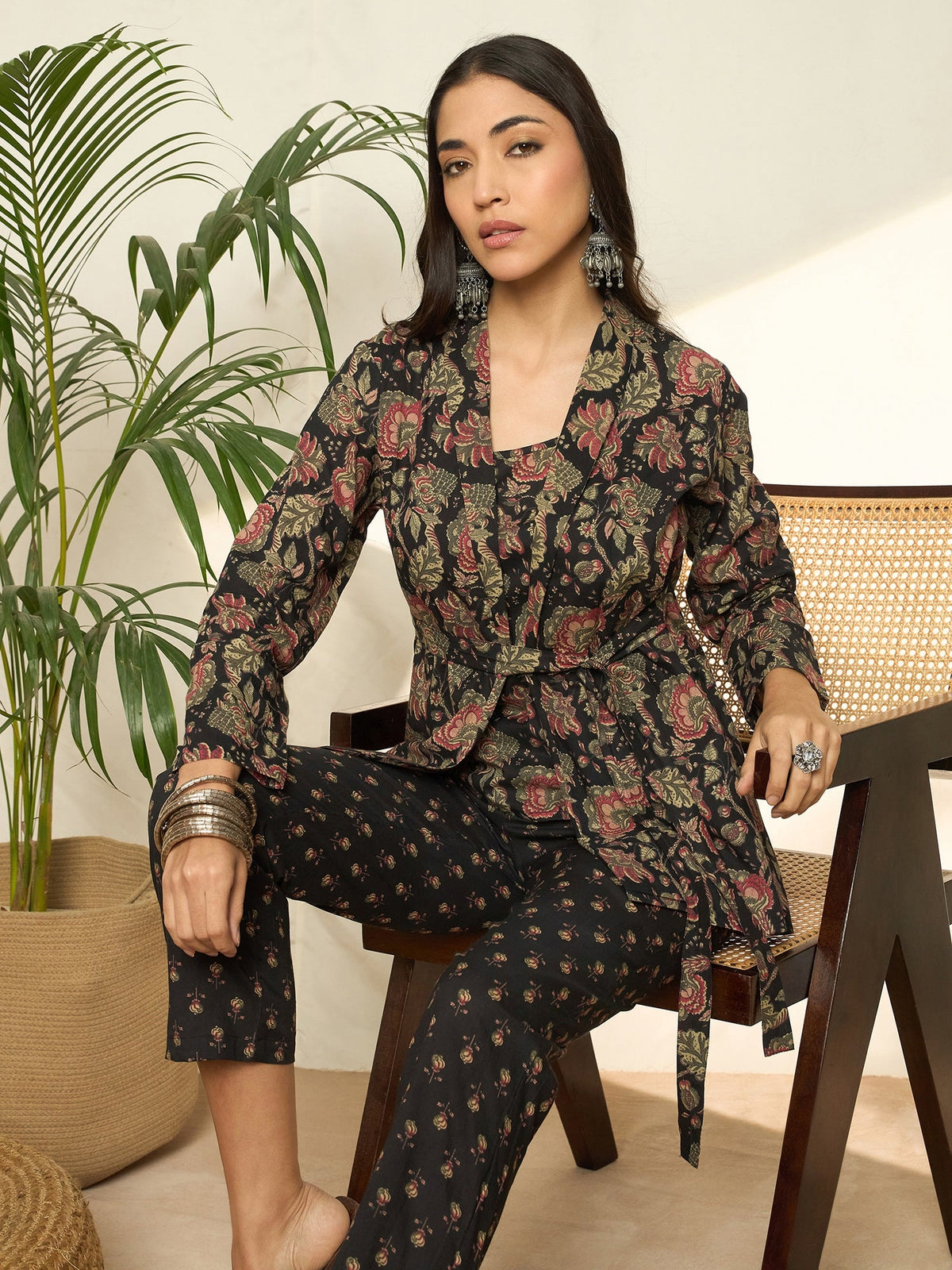 Gulzar Floral Printed Pure Cotton Top, Trousers & Shrug Co-Ord Set