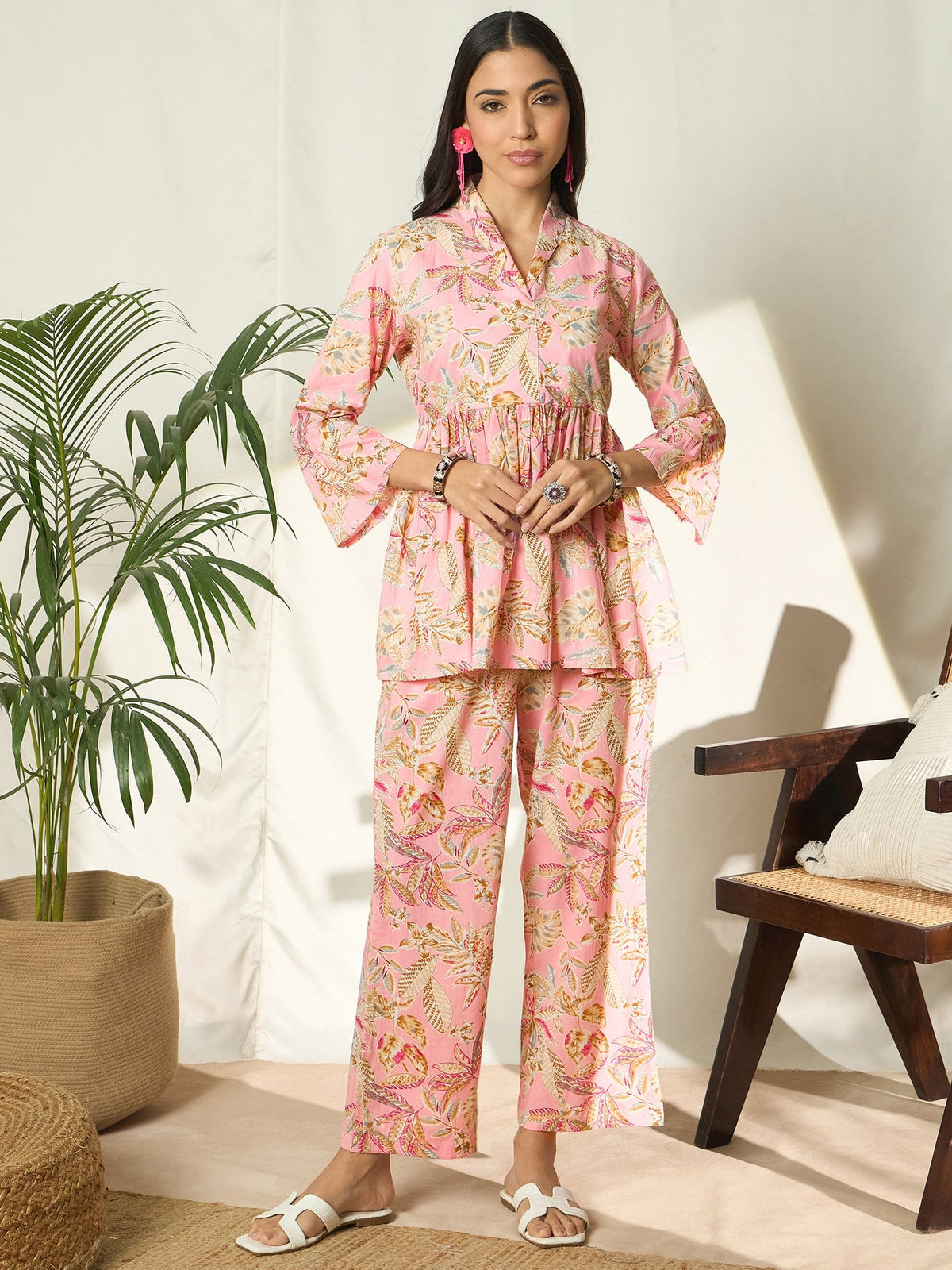 Ruhani Petalveil Floral Printed Pure Cotton V-Neck Tunic & Trouser Co-Ord Set