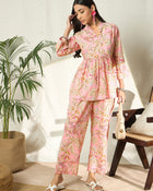 Ruhani Petalveil Floral Printed Pure Cotton V-Neck Tunic & Trouser Co-Ord Set