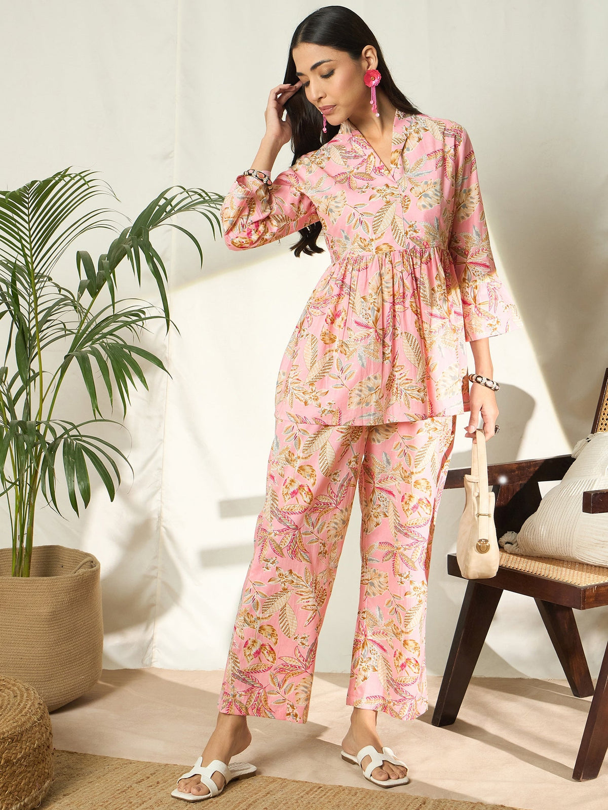 Ruhani Petalveil Floral Printed Pure Cotton V-Neck Tunic & Trouser Co-Ord Set