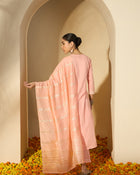 Peach Gleam Mirror Work Embroidered Cotton Kurta with Trousers & Dupatta