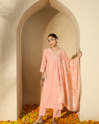 Peach Gleam Mirror Work Embroidered Cotton Kurta with Trousers & Dupatta