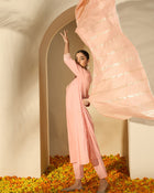 Peach Gleam Mirror Work Embroidered Cotton Kurta with Trousers & Dupatta