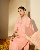 Peach Gleam Mirror Work Embroidered Cotton Kurta with Trousers & Dupatta