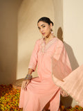 Peach Gleam Mirror Work Embroidered Cotton Kurta with Trousers & Dupatta
