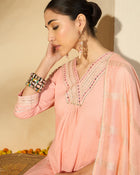 Peach Gleam Mirror Work Embroidered Cotton Kurta with Trousers & Dupatta