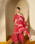 Carmine Red Floral Cotton Anarkali Kurta with Sharara & Dupatta