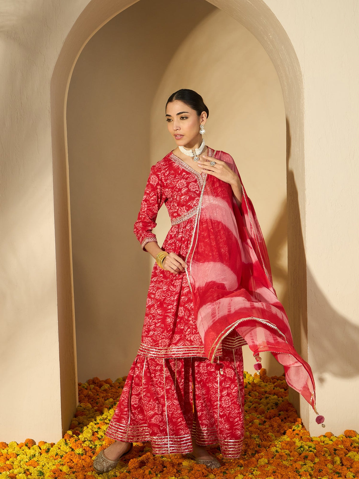 Carmine Red Floral Cotton Anarkali Kurta with Sharara & Dupatta