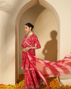 Carmine Red Floral Cotton Anarkali Kurta with Sharara & Dupatta