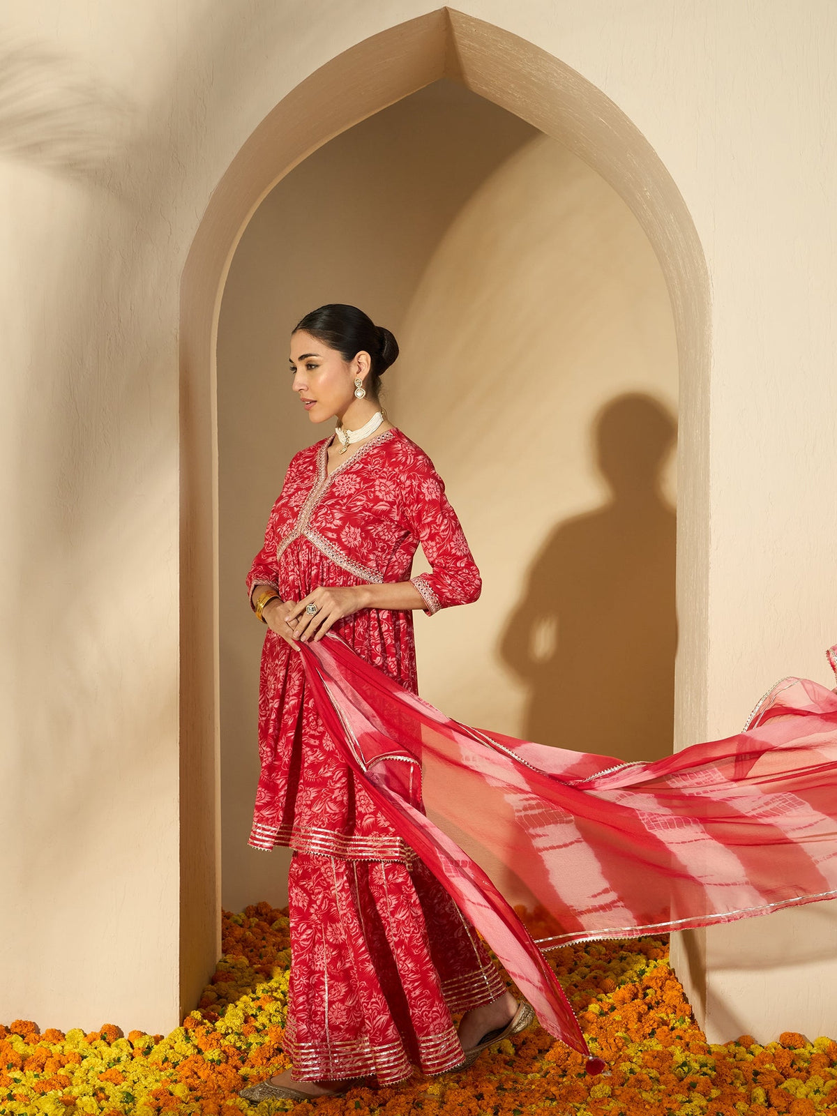 Carmine Red Floral Cotton Anarkali Kurta with Sharara & Dupatta