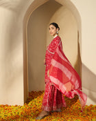 Carmine Red Floral Cotton Anarkali Kurta with Sharara & Dupatta