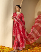 Carmine Red Floral Cotton Anarkali Kurta with Sharara & Dupatta