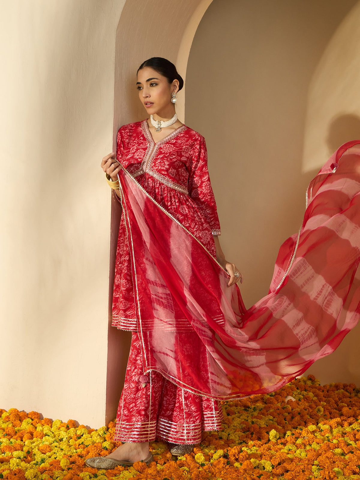 Carmine Red Floral Cotton Anarkali Kurta with Sharara & Dupatta
