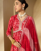 Carmine Red Floral Cotton Anarkali Kurta with Sharara & Dupatta