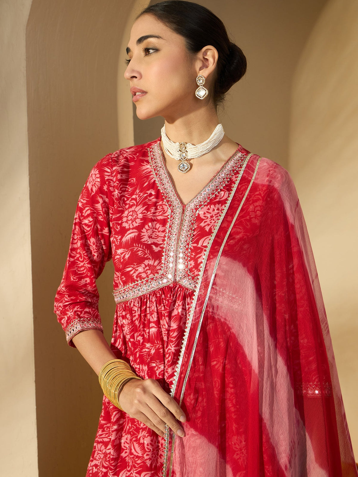 Carmine Red Floral Cotton Anarkali Kurta with Sharara & Dupatta