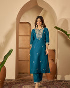 Teal Serenade Silk Blend Embroidered Kurta Set with Dupatta