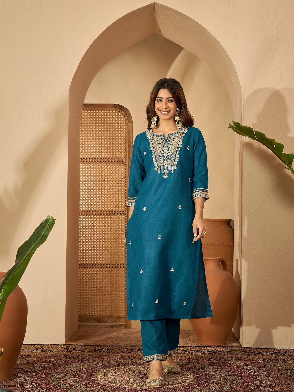 Teal Serenade Silk Blend Embroidered Kurta Set with Dupatta