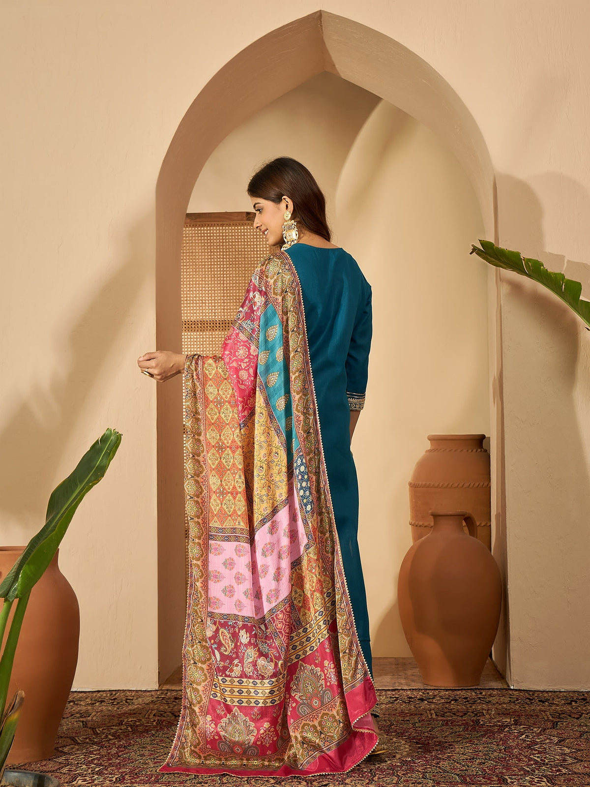 Teal Serenade Silk Blend Embroidered Kurta Set with Dupatta