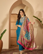 Teal Serenade Silk Blend Embroidered Kurta Set with Dupatta