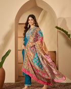 Teal Serenade Silk Blend Embroidered Kurta Set with Dupatta