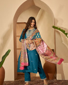 Teal Serenade Silk Blend Embroidered Kurta Set with Dupatta