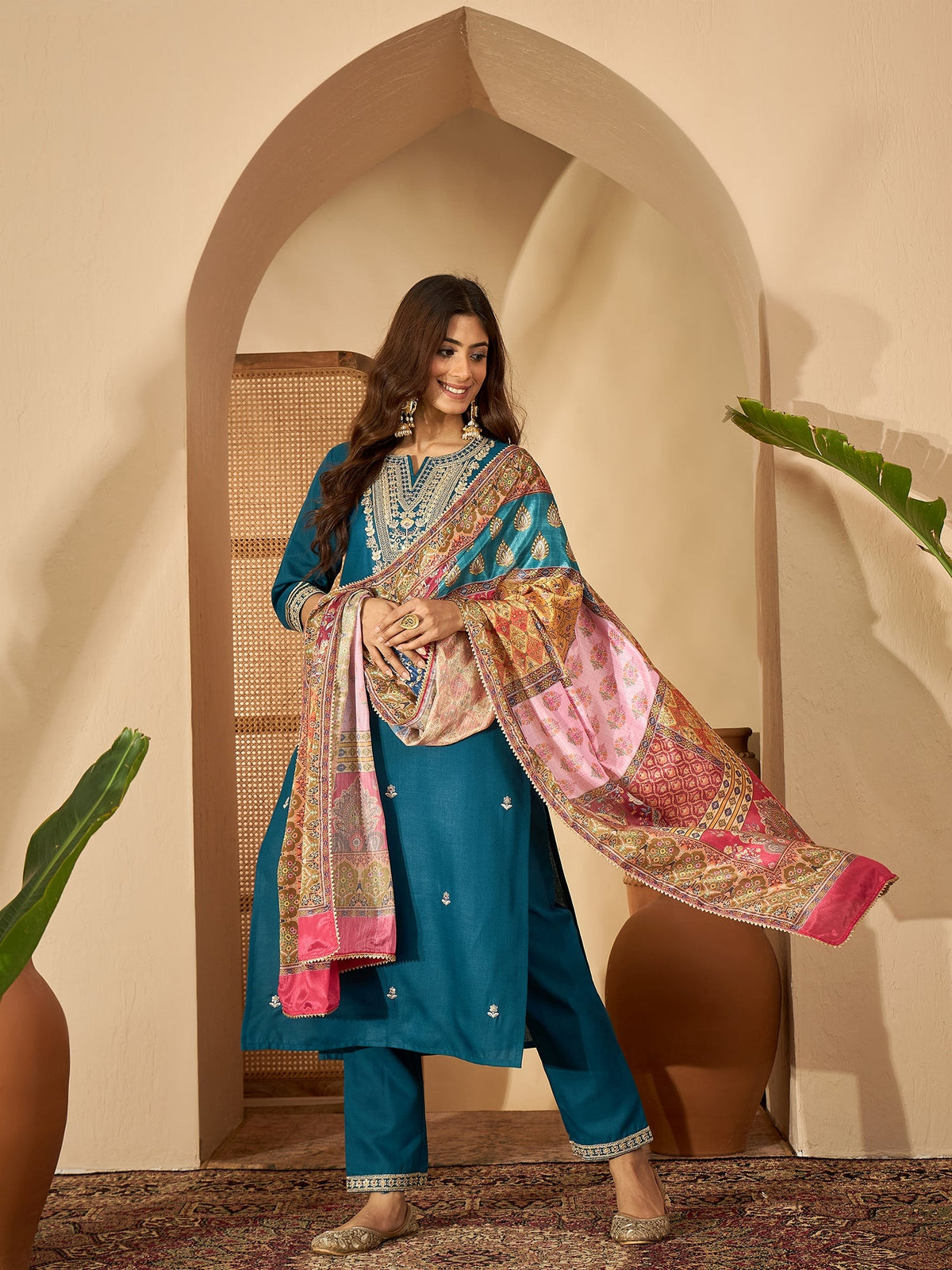 Teal Serenade Silk Blend Embroidered Kurta Set with Dupatta
