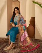 Teal Serenade Silk Blend Embroidered Kurta Set with Dupatta