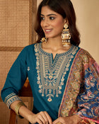Teal Serenade Silk Blend Embroidered Kurta Set with Dupatta