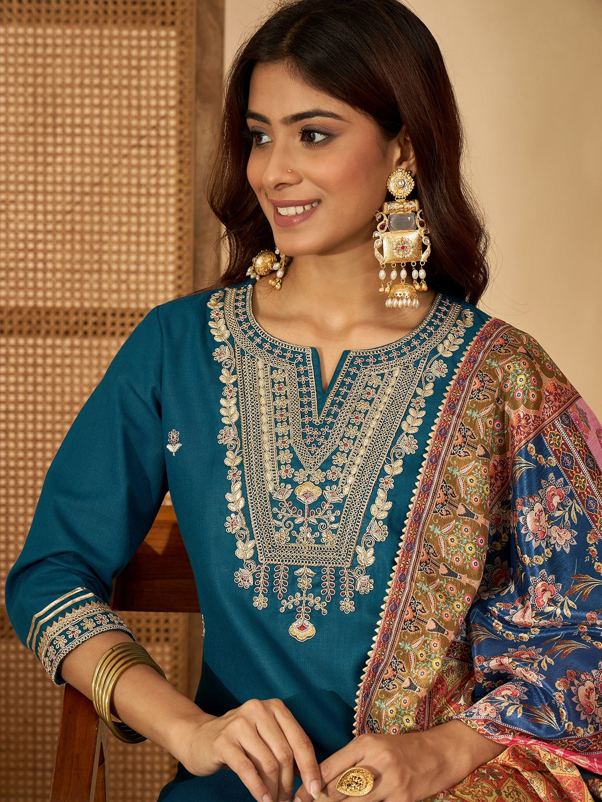 Teal Serenade Silk Blend Embroidered Kurta Set with Dupatta
