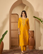 Marigold Muse Mustard Sequinned Embroidered Silk Blend Kurta Set with Dupatta