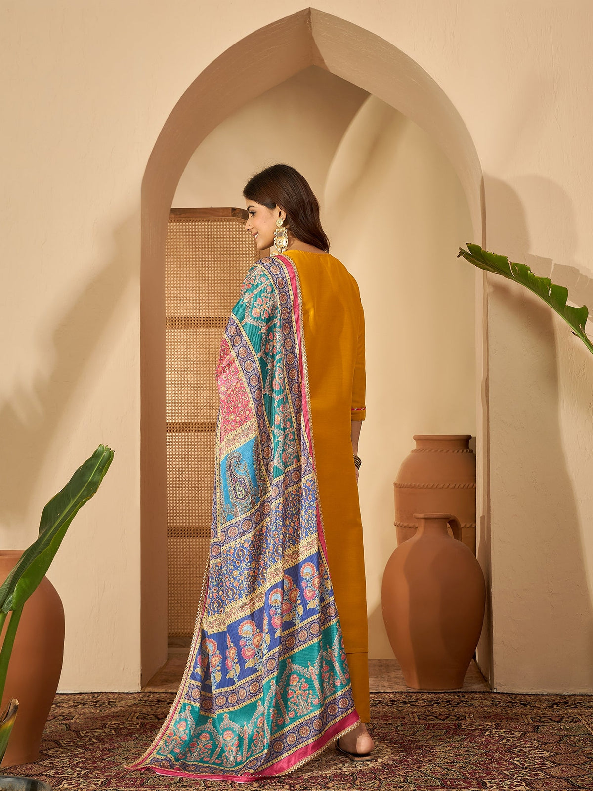 Marigold Muse Mustard Sequinned Embroidered Silk Blend Kurta Set with Dupatta