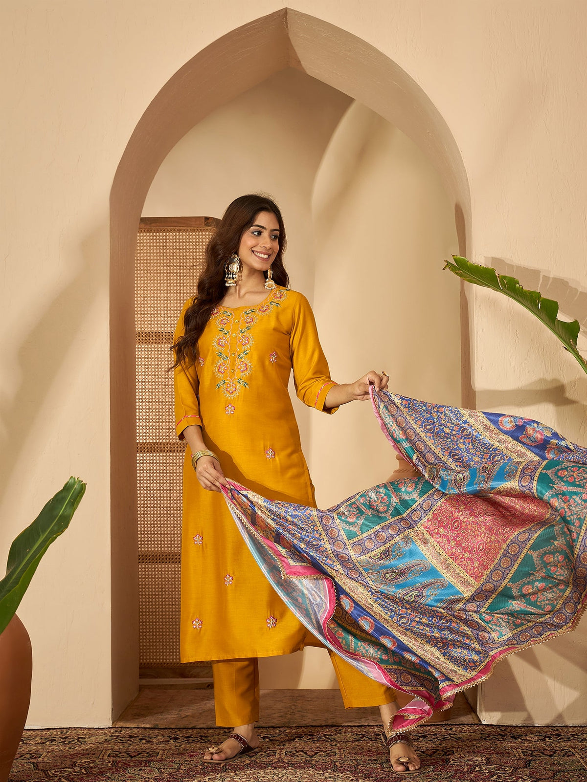 Marigold Muse Mustard Sequinned Embroidered Silk Blend Kurta Set with Dupatta