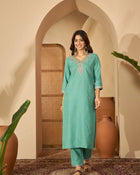 Seaside Glow Silk Blend Sea Green Embroidered Kurta Set with Dupatta