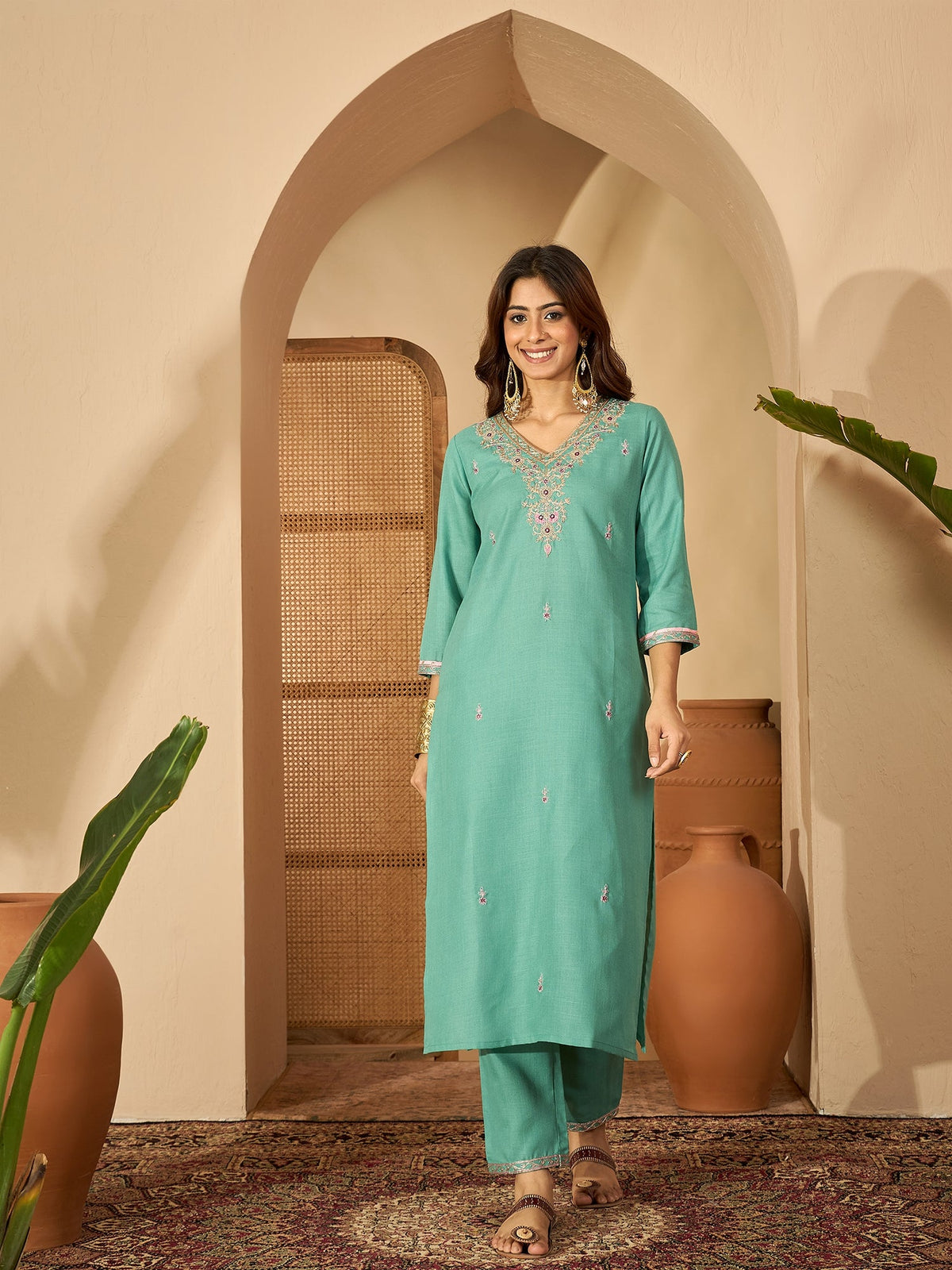 Seaside Glow Silk Blend Sea Green Embroidered Kurta Set with Dupatta