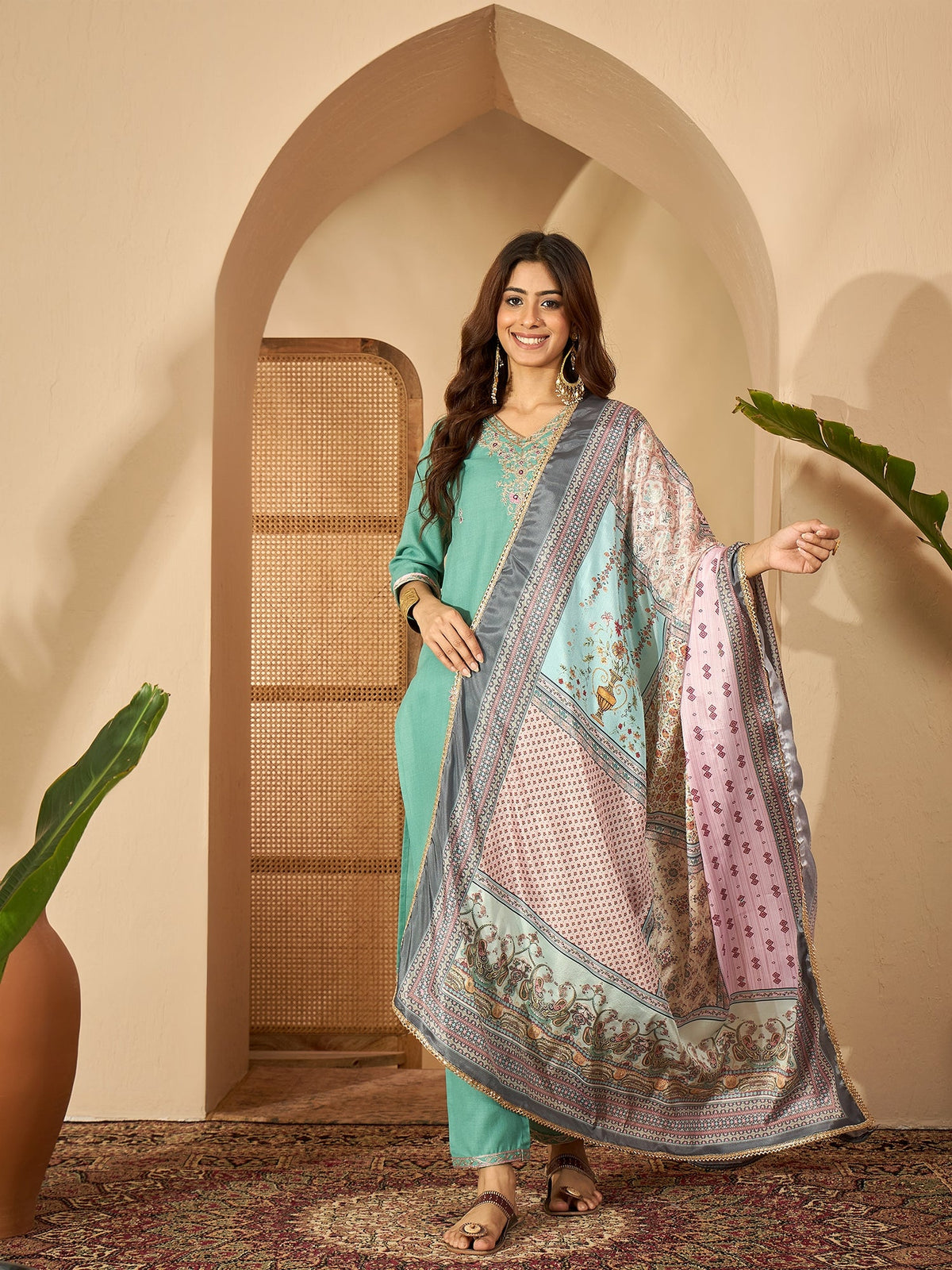 Seaside Glow Silk Blend Sea Green Embroidered Kurta Set with Dupatta