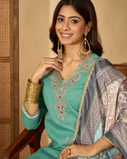 Seaside Glow Silk Blend Sea Green Embroidered Kurta Set with Dupatta