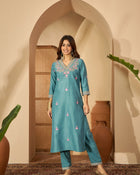 Tidal Bloom Embroidered Turquoise Silk Blend Kurta Set with Dupatta