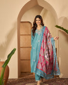 Tidal Bloom Embroidered Turquoise Silk Blend Kurta Set with Dupatta