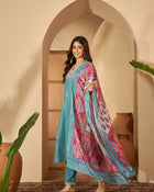 Tidal Bloom Embroidered Turquoise Silk Blend Kurta Set with Dupatta