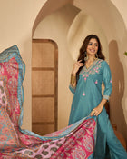 Tidal Bloom Embroidered Turquoise Silk Blend Kurta Set with Dupatta