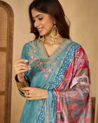Tidal Bloom Embroidered Turquoise Silk Blend Kurta Set with Dupatta