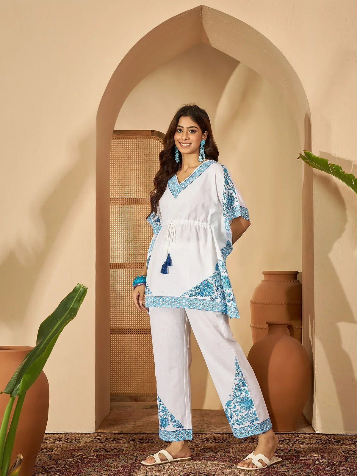 Aara – Pure Cotton V-Neck Kaftan & Trousers Co-Ord Set - aunlabel