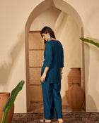 Ruhani Azure – Embroidered V-Neck Tunic with Trouser Co-Ord Set