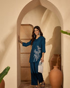 Ruhani Azure – Embroidered V-Neck Tunic with Trouser Co-Ord Set