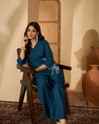 Ruhani Azure – Embroidered V-Neck Tunic with Trouser Co-Ord Set
