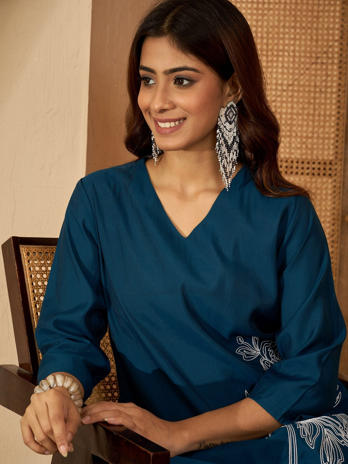 Ruhani Azure – Embroidered V-Neck Tunic with Trouser Co-Ord Set